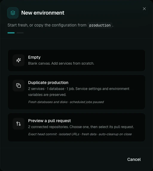 The New environment dialog: Empty, Duplicate production (2 services, 1 database, 1 job, fresh databases and disks, scheduled jobs paused) or Preview a pull request (exact head commit, isolated URLs, fresh data, auto-cleanup on close).