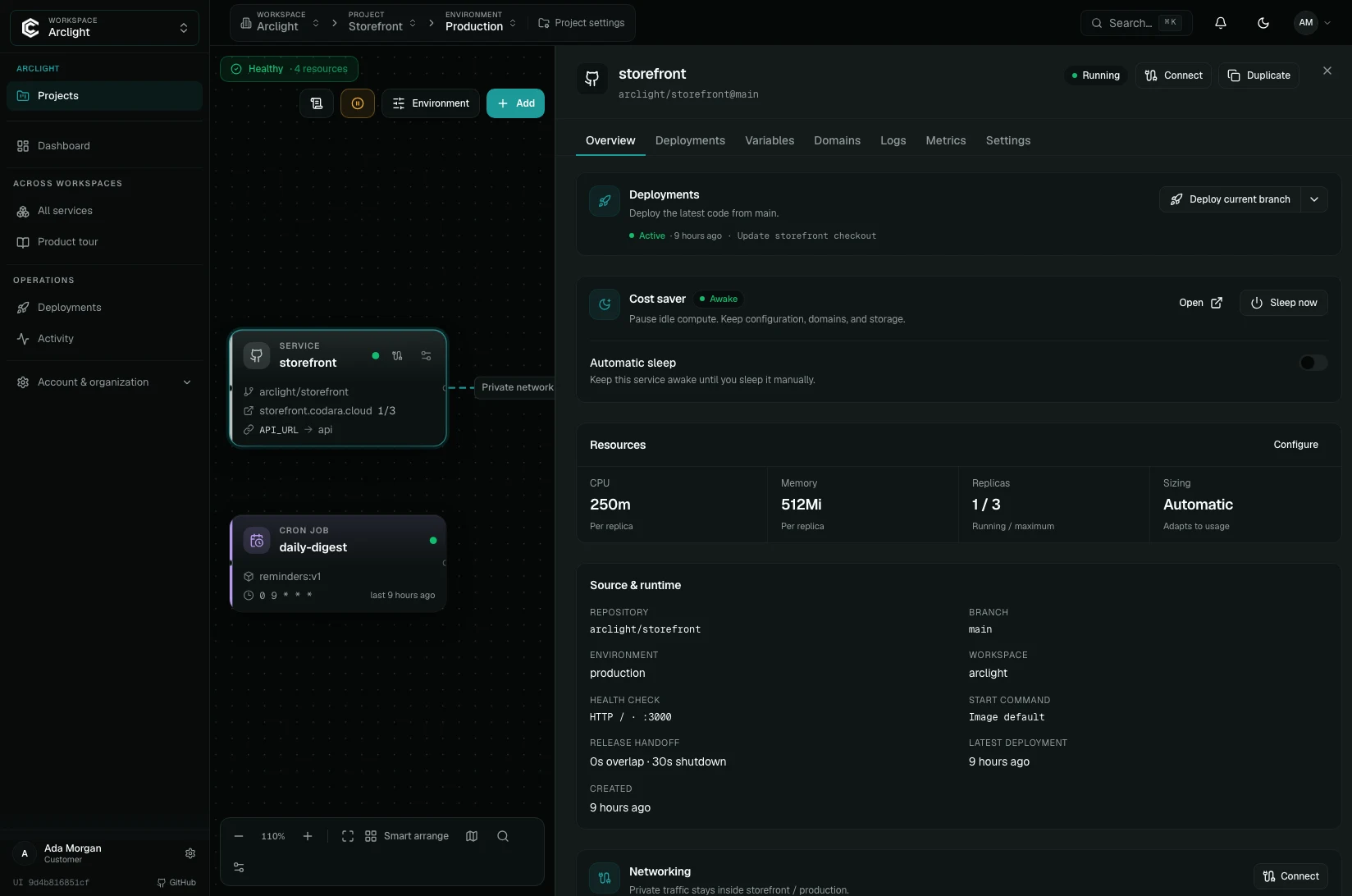 Codara Cloud console: the Storefront project in production, with the storefront service open. The drawer shows Release controls, the Cost saver toggle, repository, environment, replicas, CPU and memory.
