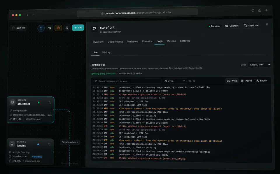 The Logs tab of the storefront service: live runtime logs with timestamps, levels and replica names, a search box, a level filter, and Pause and Export buttons.