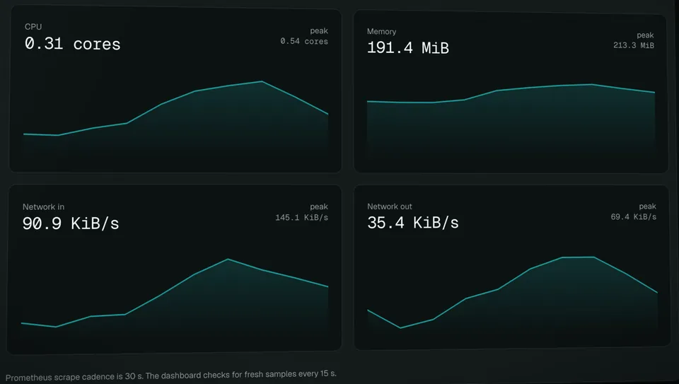 A service’s metrics: charts of CPU at 0.31 cores, memory at 191.4 MiB, network in and network out, each with its peak value.